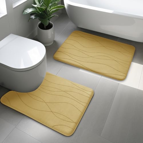 YIHOUSE Bathroom Rugs Set 2 Piece, Memory Foam Bath Mat Beige | U Shaped+Small Mat, Ultra Soft, Absorbent, Non-Slip, Machine Washable, for Bathroom, Sink and Toilet - color: Beige, size: 2' x 1'5" (Rectangular)