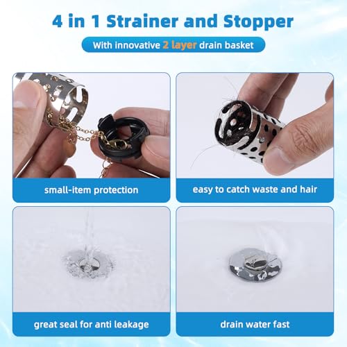 Universal Bathroom Sink Drain Stopper Hair Catcher, Chrome | Upgraded with 2-Layer Detachable Filter Basket, 4 in 1 Pop Up Drain Strainer, Anti-Clog, Fit for 1.1''~2.36'' Sinks - color: Chrome Finish