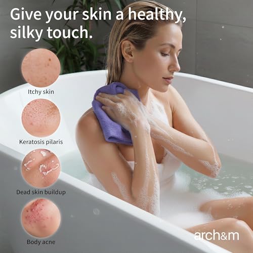ARCH&M Exfoliating Washcloth Towel, Purple, 3-Pack | Textured Nylon, Korean Bath Scrub & Japanese Washcloth, For Body, Back, & Legs, For Ingrown Hairs & Smooth Skin - style: Purple x 3