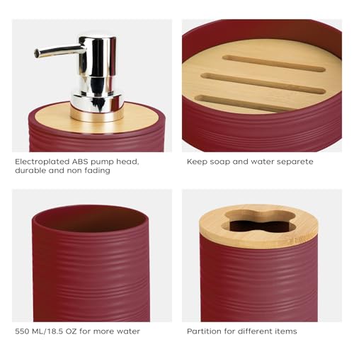 4 PCS Burgundy Bathroom Accessories Set, Includes a Soap Dispenser, Toothbrush Holder, Soap Dish and Mouthwash Cup, Plastics & Bamboo Bathroom Set, Bohemian Style Bathroom Sink Set - color: Burgundy, size: 4 PCS