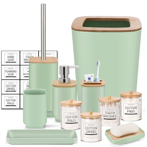 IMAVO 11 Piece Green Bathroom Set, Trash Can, Toilet Brush, Storage Tray, Complete Bathroom Accessories Organization Kit for Bathroom Décor and Home Gifts - color: Green, size: 11 Pcs Bathroom Set