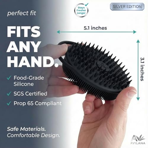 Avilana Silicone Body Scrubber for Shower – SGS Certified Food Grade Dual Sided Bath Brush, Gentle Exfoliating Silicone Loofah Alternative, Sensitive Skin Body Brush (Black-Silver, Scalp) - color: Black-silver, size: Scalp