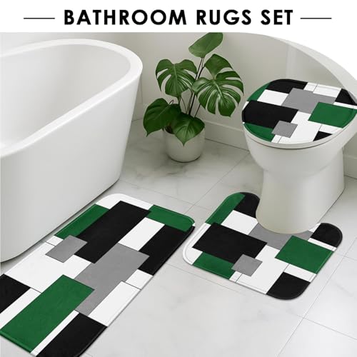 Green Geometric Shower Curtain Set with Toilet Lid Cover and Non-Slip Rugs for Bathroom, Grey Black White Checkered 4 Pcs Shower Curtain, Modern Abstract Bathroom Set with 12 Hooks - color: Abstract Geometric Green