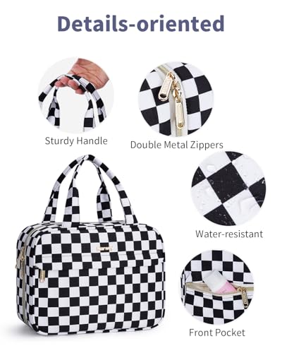 Narwey Hanging Toiletry Bag for Women Checkered Travel Makeup Bag Organizer Cosmetic Make up Toiletries Bag for Travel Essentials Accessories (Black Checkerboard, Medium) - color: Black Checkerboard, size: Medium