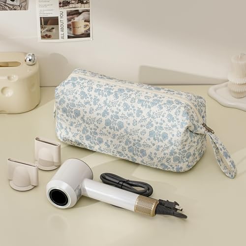 RSRSLEII Large Quilted Hair Tools Travel Bag with Floral Pattern,Hair Styling Accessories Storage Case for Flat Irons,Straightener,Curling Iron,Hair Dryer,Portable Organizer (08 Blue Flower) - color: 08 Blue Flower