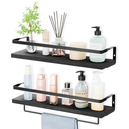Bathroom Shelves with Towel Bar, Wood &Metal Frame, 2 Pack(Black) | Floating Shelves for Bathroom, Kitchen, Living Room, Bedroom - color: Black