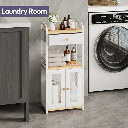 SWTYMIKI 14.57"x32.28" Bathroom Storage Cabinet – Freestanding Storage Cabinet with Doors and Drawer, Bathroom Organizers and Storage for Small Spaces – Ideal for Towels and Toiletries, Natural - color: Natural