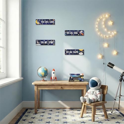 4Pcs Outer Space Wooden Wall Art Room Decor for Boys Astronaut Wall Art Set for Bedroom Bathroom Motivational Wooden Signs Navy Blue Galaxy Nursery home Decor for Toddler & Playroom - style: Outer Space