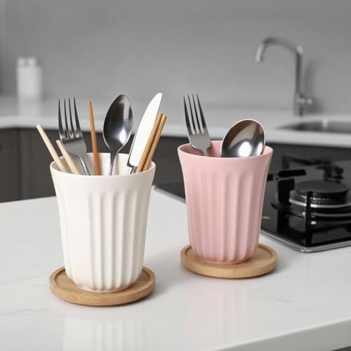 14oz Ceramic Toothbrush Cup Holder, Mouthwash Cups, Modern Bathroom Organizer for Countertop, Sink or Vanity, Colors, Set of 2. (White and Pink)