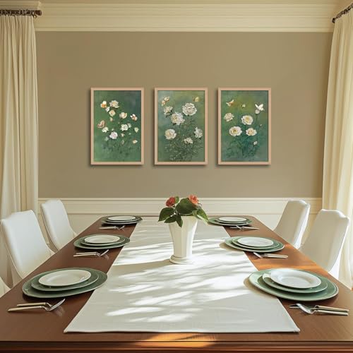 3Pcs Vintage Botanical Flower Framed Canvas Wall Art Abstract Green Floral Butterfly Painting Prints Poster, Rustic Cottage Garden Picture Decor for Living Room Bedroom Bathroom Home 12x16in - color: Abstract Green Floral Butterfly, size: 12x16 Inches