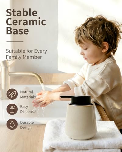 Bosilunlife Ceramic Foaming Soap Dispenser - 12Oz Bathroom Countertop Kitchen Dish Soap Pump Dispenser Foam Soap Dispenser - Greige with Speckle - color: Greige