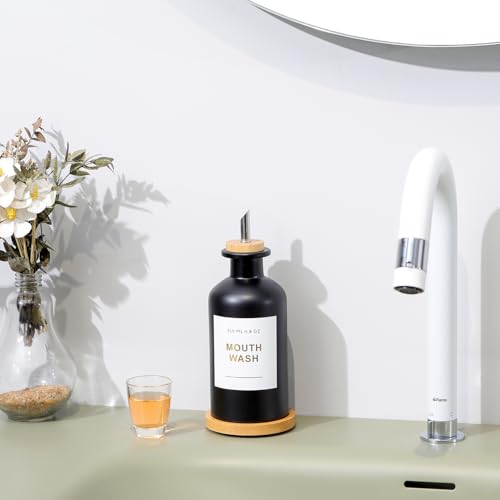 11.8OZ Glass Mouthwash Dispenser for Bathroom with Stainless Steel & Bamboo Nozzle, Mouthwash Cup Reusable, Bamboo Tray, and Elegant Gold Sticker.(Black) - color: Black/350*1
