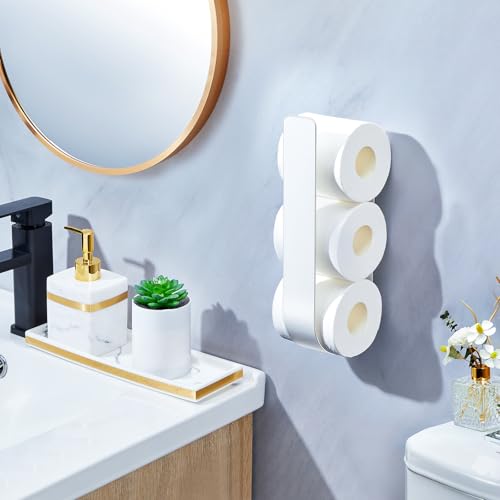 Toilet Paper Storage Wall Mount, Over The Tank Extra Toilet Paper Holder for 3 Rolls Tissue, Metal Tissue Roll Storage Stand for Bathroom, RV Adhesive Loo Roll Holder (White) - color: White
