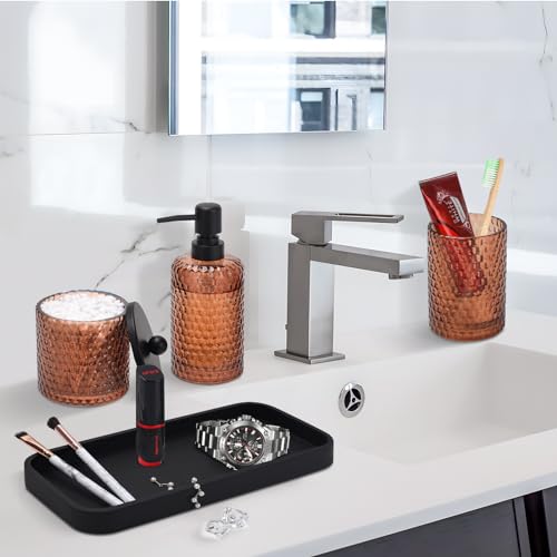 Bathroom Accessories Set,4 Pcs Amber Glass Bathroom Accessories Sets-Lotion Soap Dispenser,Toothbrush Holder,Qtip Holder Dispenser & Resin Vanity Tray,Countertop Vanity Organizer,Amber - color: Amber + Matte Black Tray