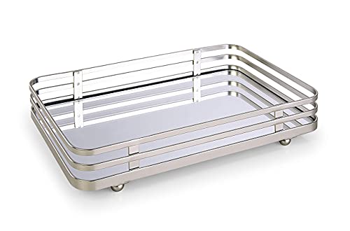 SunnyPoint Classic Decorative Vanity Perfume Dresser Jewelry Organizer Makeup Mirror Tray (Satin Nickel) (Pack of 2) - color: Satin Nickel, size: 10.4" x 6.7" x 2" (Pack of 2)