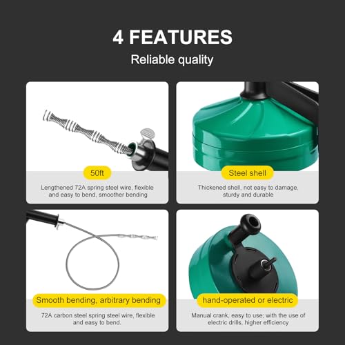 Drain Snake Auger, 50 Feet Flexible Plumbing Snake with 1/4" Drill Adapter, Manual or Drill Powered Drain Cleaner for Kitchen Sink, Bathroom & Shower Drains, Includes Gloves Storage Bag, Green - color: Green-50FT