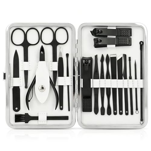 Manicure Set, Jubolion 19pcs Stainless Steel Professional Nail Clippers Pedicure Set with Black Leather Storage Case, Portable Grooming Kit for Travel or Home, Perfect Gifts Women and Men (Black)
