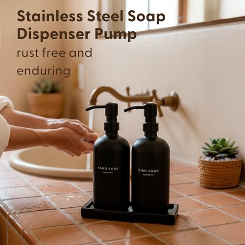 MaisoNovo Black Soap Dispenser Bathroom - Soap Dispenser Set with Black Soap Dispenser, Black Pumps & Ceramic Tray - color: Black Bottles/ Black Pumps/ Black Ceramic Tray