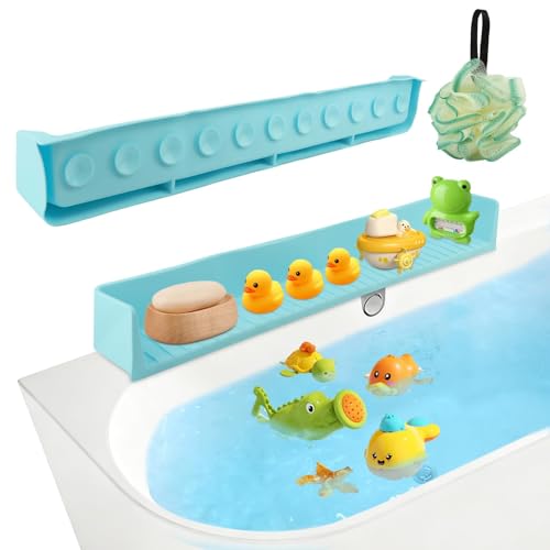 Bathtub Splash Guard, Longer Silicone Splash Guard for Bathtub with 11 Suction Cups, Prevents Water Spills in Bathroom, with Storage Area, 31.5" x 4.53" (Color:Blue)