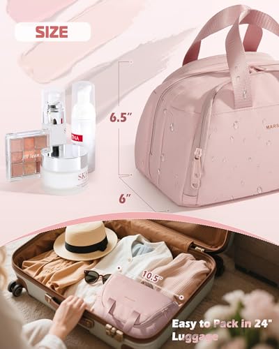 Marscamd ravel Makeup Bag for Women, Lay-Flat Toiletry Organizer, Pink | Lay-flat design, waterproof wet & dry pockets, 3-section organization & lightweight carry - color: Pink