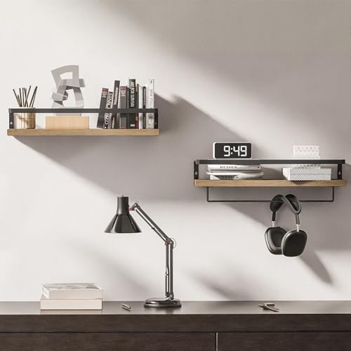 Bathroom Shelves with Towel Bar, Wood &Metal Frame, 2 Pack(Light Brown) | Floating Shelves for Bathroom, Kitchen, Living Room, Bedroom - color: Light Brown