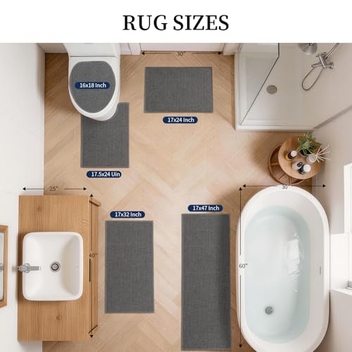 YIHOUSE Dark Gray Bathroom Rugs Sets 5 Piece, Quick Dry Thin Bath Mat with Toilet Rug - Non Slip Absorbent Machine Washable - Bath Runner Rugs for Bathtub Sink Home Decor - color: Dark Gray, size: 5 pieces
