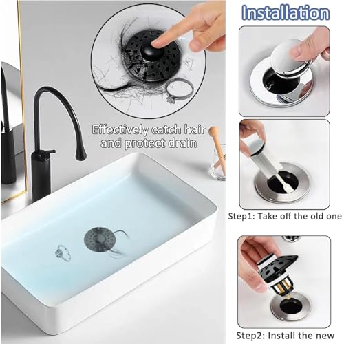 AzWzz Bathroom Sink Drain Strainer, 3 in 1 Pop Up Bathroom Sink Stopper Plug with Hair Catcher Cover, Universal for 1.06 in to 1.6 in Sink Drain, Matte Black - color: Matte Black, style: Bathroom Sink Stopper with Hair Catcher