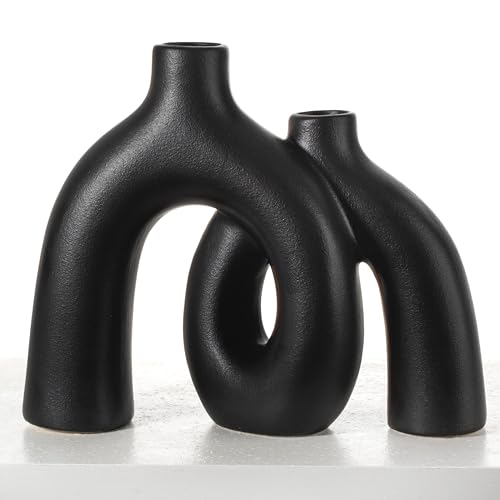 CEMABT Modern Nordic Boho Vase Set - Elegant Black Matte Ceramic Home Decor for Living Room, Bookshelf, Mantel, Entryway Table & Console Décor | Shelf Decorations Gift - color: Black-1