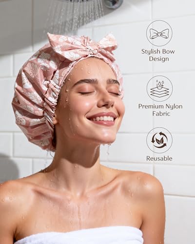 Yanibest Shower Cap for Women Reusable Waterproof, Adjustable Non-Slip Shower Hair Cap, Washable Bath Hat - color: Pink