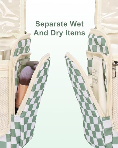 Relavel Travel Toiletry Bag for Women Makeup Bag Cosmetic Organizer Toiletries Bag with Hanging Hook for Travel Size Essentials Accessories Shower Caddy Bag for Bathroom Beach Gym, Green Checkerboard - color: Green Checkerboard
