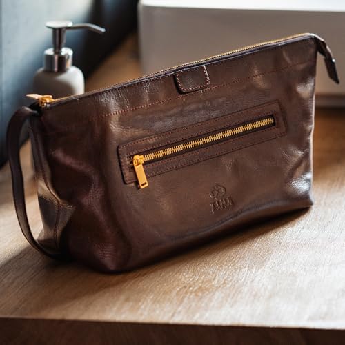 Time Resistance Leather Toiletry Bag - Dopp Kit, Full-grain Leather Cosmetic Case, Wash Bag (Brown)