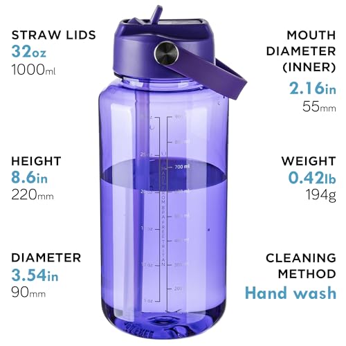 OLDLEY 32oz Water Bottle with Straw,Leakproof Tritan Clear Bottle with Marked Bottle and Carry Handle, BPA-Free Wide Mouth Reusable Sports Water Bottle for Gym,Hiking, Camping, Travel, Workout,Purple - color: Purple