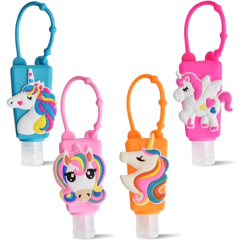Refillable Travel Bottles Containers, 4 Pack Hand Sanitizer Travel Size Holder with Empty Silicone Clip-Filp Bottles, Leak Proof Portable Bottle for Liquid Soap, Lotion (Unicorn) - color: unicorn
