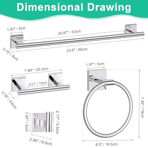 Chrome Bathroom Hardware Towel Bar Set, 5 Pieces Double Dase Toilet Paper Holder Towel Holder Set, 23.6 Inch Stainless Steel Towel Rack for Bathroom Wall Mount - color: Polished Chrome, size: 5pieces B