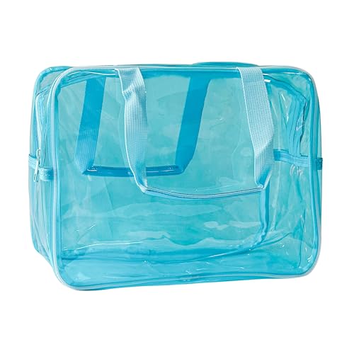 PVC Sky Blue Pure Color Transparent Gift Pouch Wash Travel Makeup Cosmetic Bag with Handle for Travel Bathroom Toiletry Organizer (Sky Blue) - color: Sky blue
