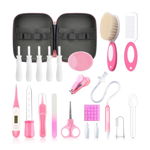 Baby Healthcare and Grooming Kit, 21 in 1 Portable Baby Essentials Kit with Gas Relief Hair Brush Comb Nasal Aspirator for Newborn Boys Girls (Pink) - style: 21 Kits-Pink