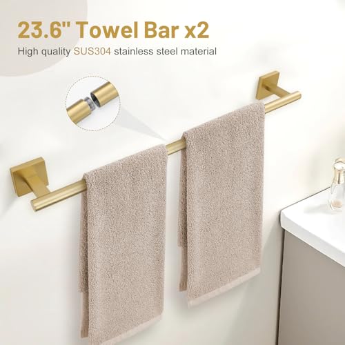 10 Pieces Brushed Gold Towel Bar Set, 23.6 Inch Bathroom Accessories Set SUS304 Stainless Steel Bathroom Hardware Set Towel Racks for Bathroom Wall Mounted. - color: Brushed Gold, size: 10 Pieces - Extended