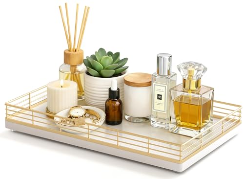 Bathroom Vanity Tray, 13" x 8" Oak Decorative Wooden Tray for Countertop | Large Bathroom Vanity Organizer, Wood Tray for Perfume, Skincare & Accessories Storage, Vanity Dresser Decor, Gold & White - color: Gold & White, size: 13" x 8" x 2"