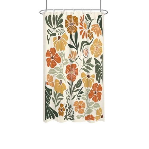 Boho Floral Shower Curtain Stall Small Half Single Mini Vintage Retro Orange Flower Cute Colorful Fun Abstract Pretty Aesthetic Fabric Cloth Bathroom Decor Set 36x72 inch Polyester 7 Hooks - color: Orange, size: 36"W x 72"L (Pack of 1)