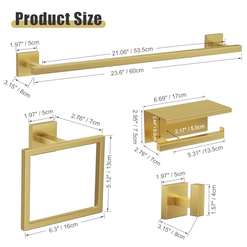 YACVCL 5-Pieces Brushed Gold Bathroom Hardware Accessories Set Stainless Steel Bathroom Towel Bar Set Towel Holder Set for Bathroom,Upgraded Toilet Paper Holder with Shelf,Wall Mounted 23.6" - color: Brushed Gold, size: 5Pcs