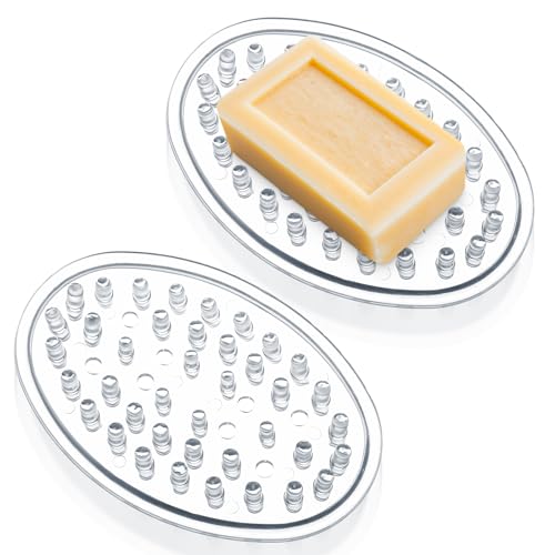 2 Pcs Plastic Soap Holder, Clear Soap Dish Bar Saver Tray with Holes Soaps, Self-Draining Soaps Dish Sponge Tray for Kitchen Bathroom Shower Counter
