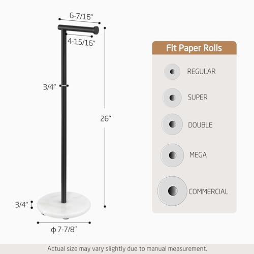 KES Extra High Black Toilet Paper Holder Freestanding 26", Toilet Paper Holder Stand with Natural Marble Base, Floor Free StandingToilet Paper Holder 18/8 Stainless Steel Matte Black, BPH284S66-BK - color: White Marble & Black Bar, size: 26"H