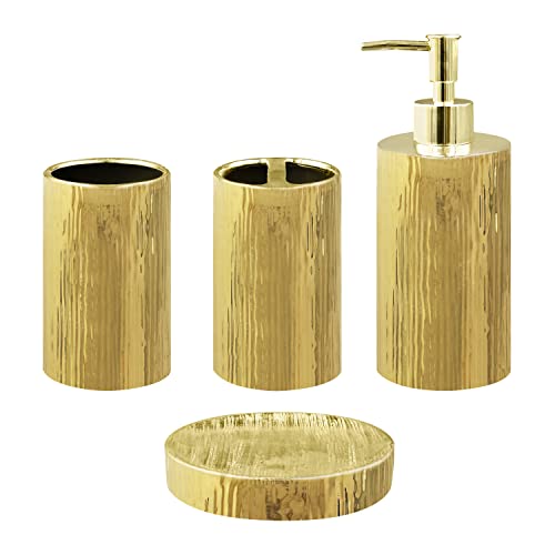 Blue Donuts Bathroom Accessories Set, Toothbrush Holder, Soap Dispenser, Gold, Ceramic, 4 Piece - color: Gold