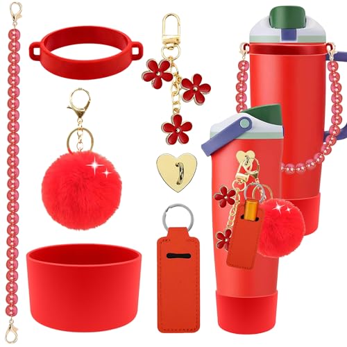 Compatible for Owala Accessories Bundle: Silicone Boot for FreeSip Sway 30oz & 40oz Bottles, Charms, Pearl Handle Strap, Rubber Bottom & Decorative Add-ons - color: Red Scarlet