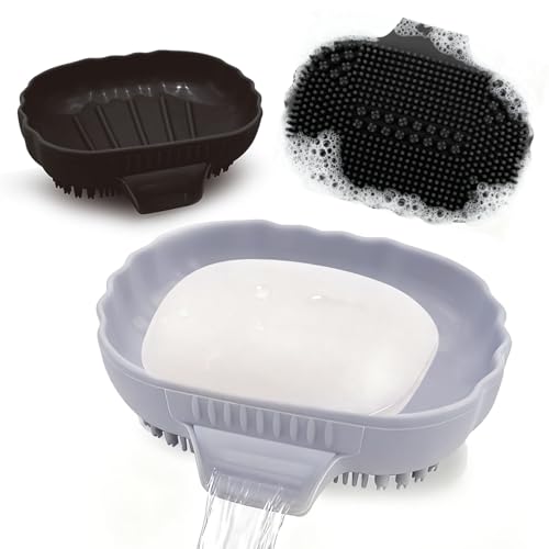 Silicone Soap Dish with Drain 2 Pcs, Anti-Slip Bathroom Bar Soap Holder Dishes Self Draining Waterfall Saver Plate for Shower Sink - Unique Bottom Brush Easy Dry & Clean (Black +Lavender Grey) - color: Black + Grey