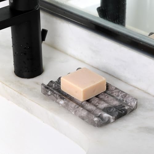 Karibiber Marble Soap Dish, Bar Soap Holder Shower, Brown Soaps Saver with Water Ripple Design, Easy Cleaning Stone Sponge Holder for Kitchen Sink，Bathroom, Executive Natural Stone Soap Tray - color: Arabescato Orobico(brown）