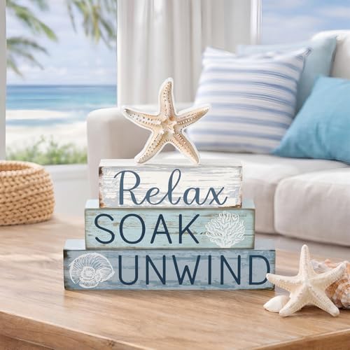 Cinnvoice 4 Pcs Coastal Beach Bathroom Decor Farmhouse Bathroom Decoration Relax Soak Unwind Table Centerpiece Gift for Christmas Valentines Back to School - style: Coastal Relax Soak Unwind