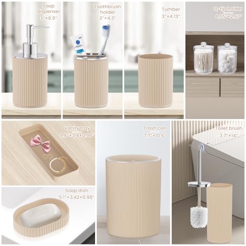Beige Bathroom Accessories Set, 10PC Bathroom Set, Bath Accessory with Pop Up Trash Can, Soap Dispenser, Toilet Brush, Toothbrush Set Qtip Holders & Tray - color: Beige & Silver, size: 10-Piece Set (Accessories Only)