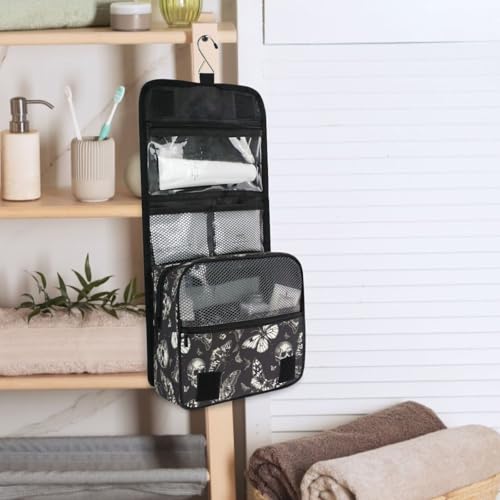 MNSRUU Hanging Toiletry Bag Gothic Skull Butterfly Travel Makeup bag for Toiletries Portable Travel Toiletry Organizer Cosmetic Bags with Hanging Hook - color: Skull A8414
