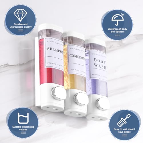 Shower Soap Dispenser Wall Mounted No Drill Shampoo Dispenser for Shower Wall Shampoo and Conditioner Dispenser Bathroom Hotel 3 * 300ml White with 3 Labels - color: White 3